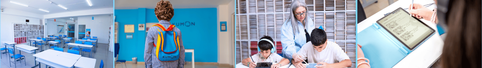 Carrusel de imágenes representando una franquicia Kumon con sala de estudio, alumnos, orientación y una tablet